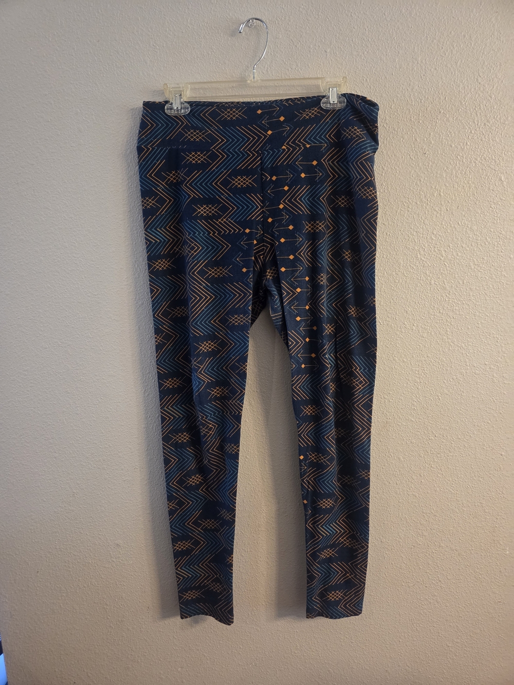 LuLaRoe Navy Leggings with Yellow and Teal Stripes